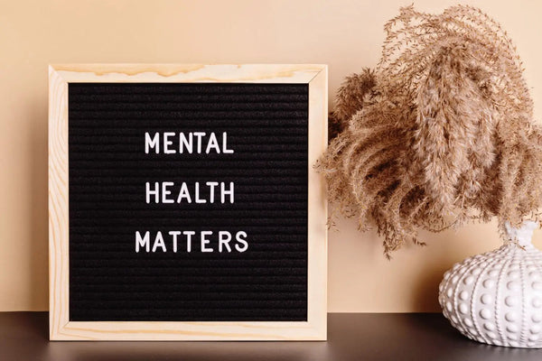 Schwarzes Letterboard mit dem weißen Schriftzug „MENTAL HEALTH MATTERS“ neben einer getrockneten Pflanze in einer weißen Vase. Steht für mentale Gesundheitsaufklärung und Achtsamkeit.